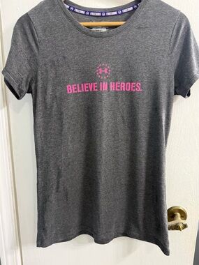 Under Armour Gray Short Sleeve Tee with Pink "Believe in Heroes" Graphic